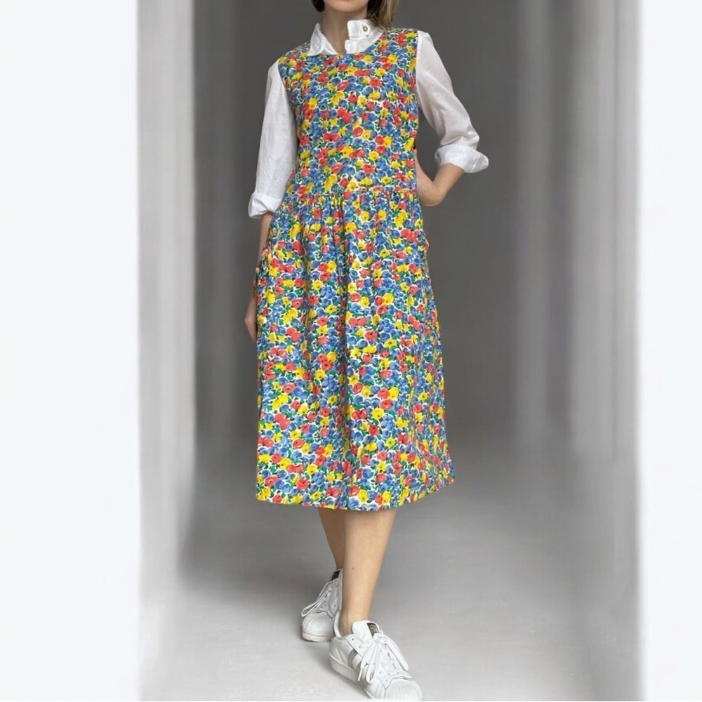 Vintage 80s Floral Pinafore Midi Dress – Dropped Waist, Cotton, Size S